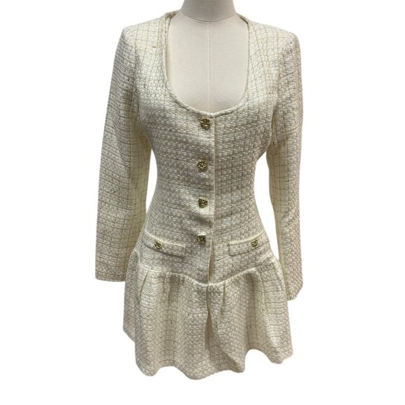Amanda Uprichard Cream Tweed Long Sleeve Fit & Flare Dress – Size S – NWT